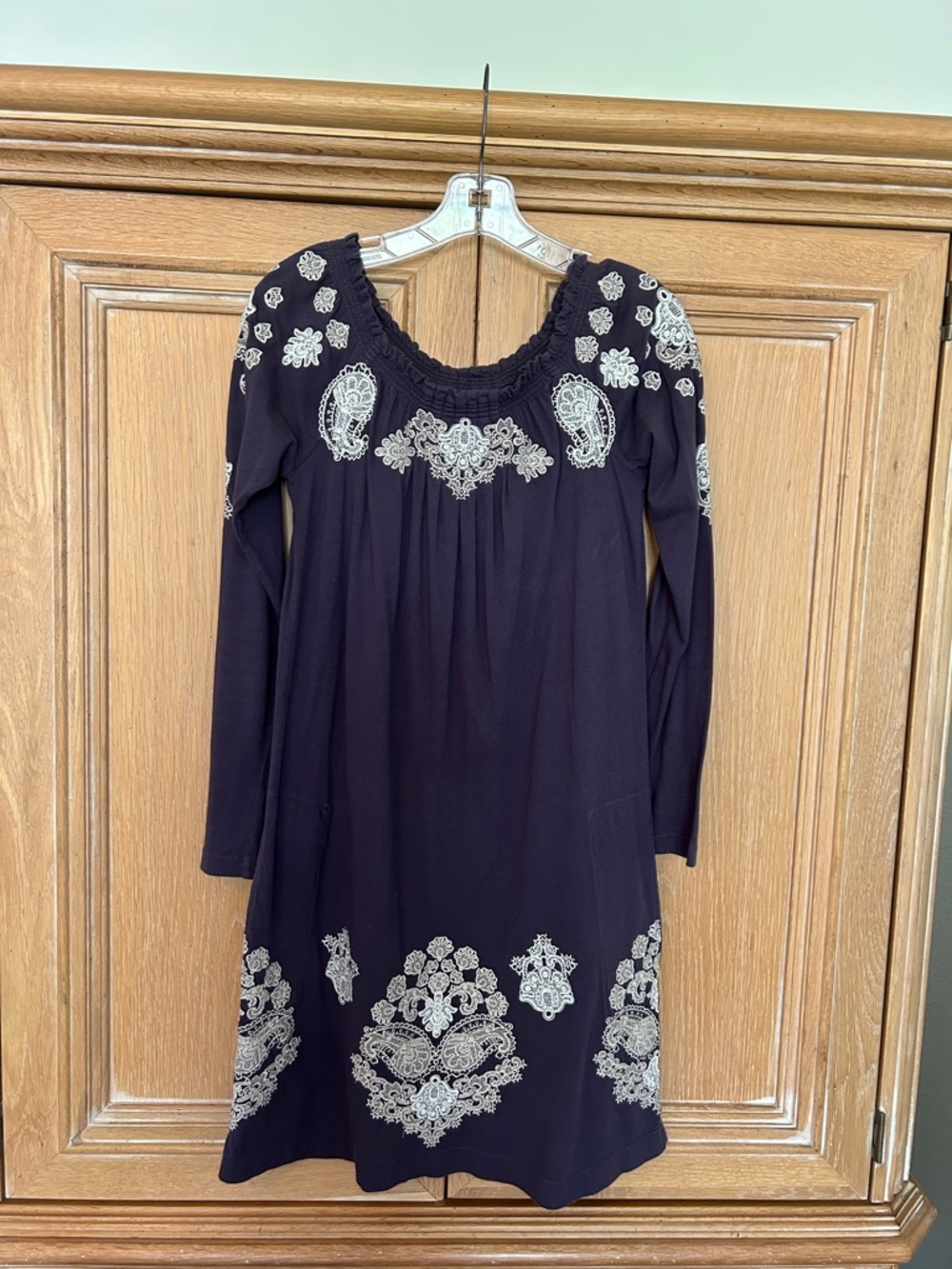Johnny Was Plum Long-Sleeve Embroidered Scoop Dress